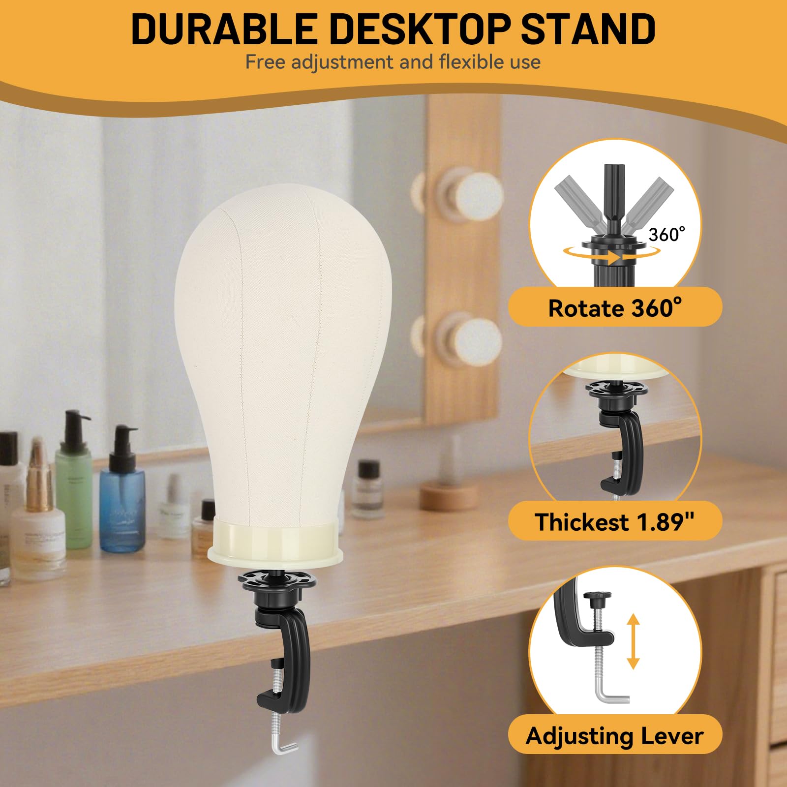Yekavo Wig Stand with Head 23", Height Adjustable Tripod Stand 30", Wig Head Stand with Canvas Block Mannequin Head, Include Table Clamp Stand, Wig Caps, T Pins for Wigs Styling, Making & Display