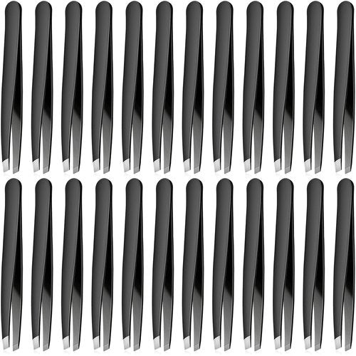 Mudder 24 Pieces Eyebrow Tweezers Bulk Stainless Steel Slanted Tip Precision Tweezers for Facial Hair, Blackhead and Tick Remover, Men and Women Professional(Black)