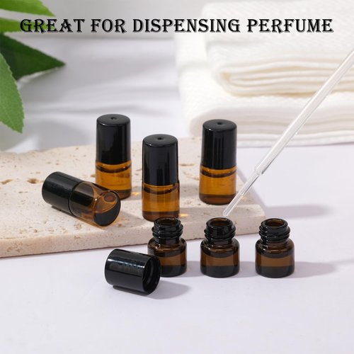 RAMFIYN 30 pack 1ml Amber Glass Roller Bottles for Essential Oils Refillable Roll-on Applicator with Stainless Steel Roller Balls Mini Leak-proof Makeup Containers with Pipettes and Bottle Opener