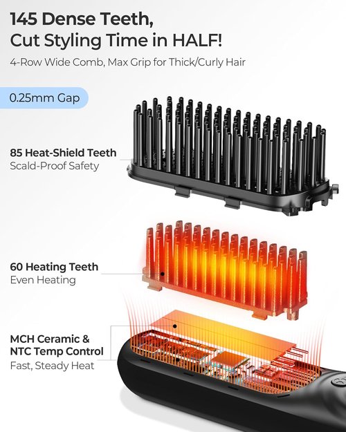 Skiennix Cordless Hair Straightener Brush - Portable Mini Travel Design for Thick Curly Hair | 350M Negative Ions for Frizz-Free Styling
