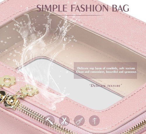 Jorebill Waterproof Cosmetic Bag with Makeup Brush Bag, Leather Travel Makeup Bag with handle, Crossbody Shoulder Bag with metal detachable shoulder strap for Women (pearl pink)