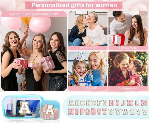 2pcs Personalized Initial Letter Clear Makeup Bag | Waterproof Nylon Preppy Cosmetic Bag | Travel Toiletry Bag | Monogrammed Gifts for Women Girl | Wedding Bridal Shower Gifts for Bridesmaids(Blue R)