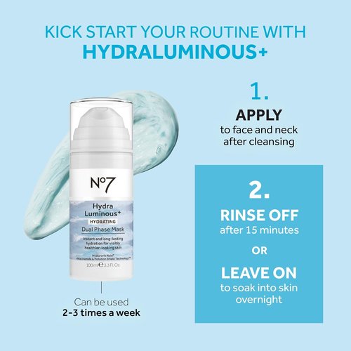 No7 HydraLuminous+ Hydrating Dual Phase Face Mask - Hyaluronic Acid & Vitamin B3 for Radiant Skin | 3.5 Fl Oz