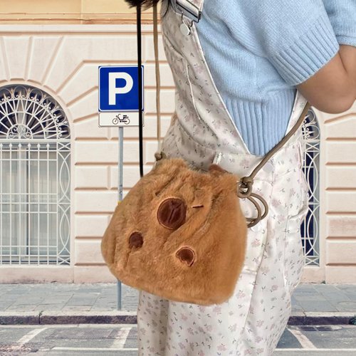 CECKQUE Cute Capybara Fluffy Makeup Bag With Drawstring and Shoulder Straps, Small Plush Animal Cosmetic Pouch Bag Gifts for Women (Brown)