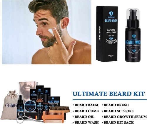 Beard Grooming Kit,Beard Kit with Beard Oil,Beard Growth Serum,Beard Wash, Beard Balm,Beard Brush, Beard Comb, Beard & Mustache Scissors Beard Growth Kit Unique Gifts for Men