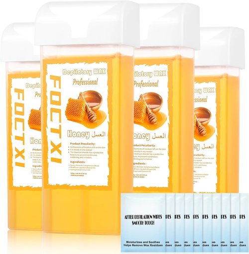 FOCTXI Wax Roller Kit Ｗax Cartridge, Roll On Wax for Hair Removal, Roll on Ｗax, 4 Honey Hair Removal Ｗax Cartridge and 10 Pack Cleaning Oil Wipes for Women
