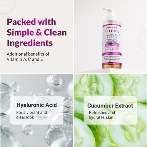 DERMATOUCH Retinol Face Cleanser, Daily Face Wash With Hyaluronic Acid, Cucumber, and Vitamins for Normal to Dry Skin, Hydrating Antioxidant Formula, Clean Skin Care, Made in USA, 8 Fl Oz
