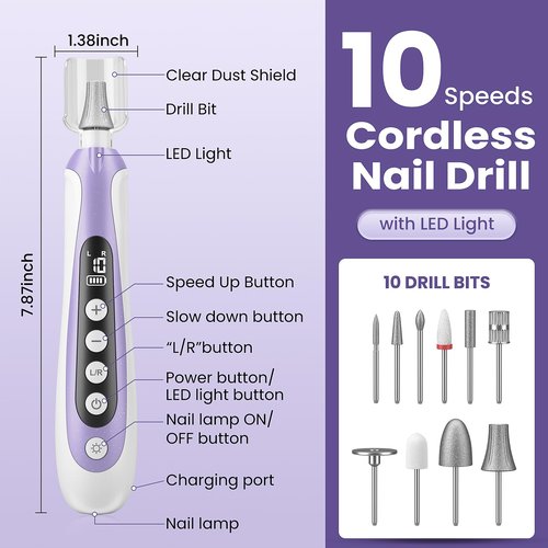 Nail Drill, Electric Nail File & 10-Speed Cordless Nail File, 10 in 1 Kit for Thick Toenails, 2000mAh Rechargeable Portable Manicure Pedicure Kit with LED Display Ideal Gift for Men & Women(Purple)