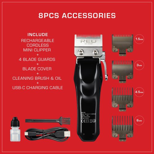 Red Cordless Mini Trimmer – Lightweight, High Performance Pro Zero Gapped with 4 Attachments for Manscaping, Carbon Steel Blade, Adjustable Taper Lever, USB-C Charging 3-Hour Run Time, Travel Size