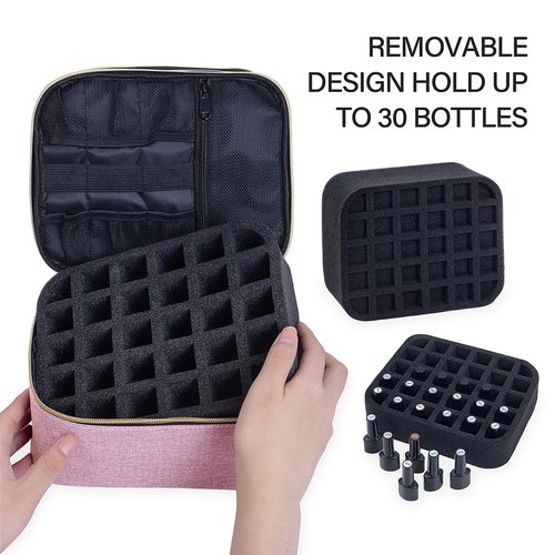 UOZL Nail Polish Organizer, Handheld Double Layer Nail Polish Storage with Adjustable Dividers, Holds 30 Bottles (15ml/0.5 fl.oz) for Nail Polish Lamp Manicure Tools and Essential Oil, Pink