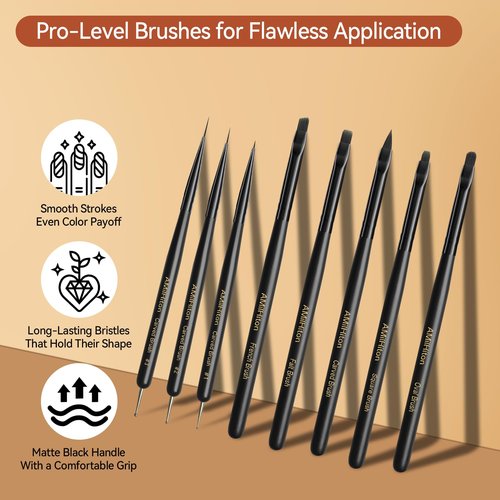 AMilHiTon 8PCS Nail Art Brush Set for Gel & Acrylic – French Tip, Flat, Oval & Carved Liner Brushes with Dotting Tools, Professional Builder Poly Gel Nail Design Kit