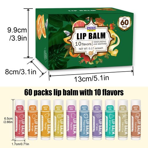 AZEN 60 Pack Lip Balm, Natural Lip Balm Bulk, Lip Care Product, Moisturizing Lip Balms for dry cracked lips, Valentines Gifts Easter Basket Stuffers - 10 Flavors