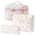 Everfunny 3 Pcs Cotton Quilted Makeup Bag Set, Floral Cotton Cosmetic Bag, Aesthetic Toiletry Travel Organizer Bag for Women (Big Bow)