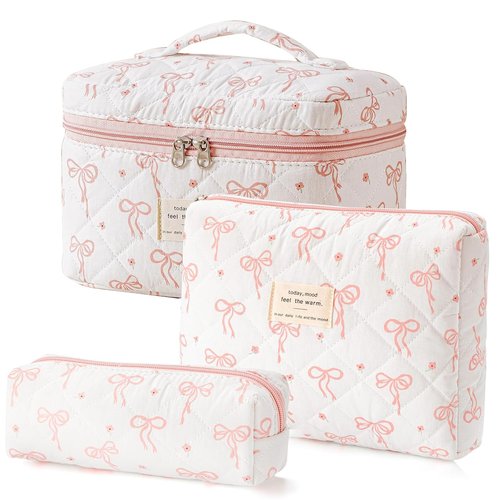 Everfunny 3 Pcs Cotton Quilted Makeup Bag Set, Floral Cotton Cosmetic Bag, Aesthetic Toiletry Travel Organizer Bag for Women (Big Bow)
