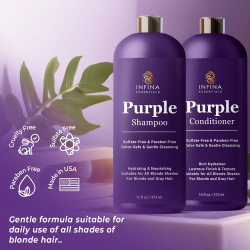 INFINA ESSENTIALS Purple Shampoo & Conditioner Set - Sulfate-Free, Nourishing Coconut Oil & Aloe Vera - 16 fl oz Each