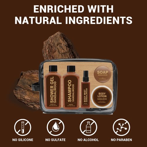 Skiennix Sandalwood Gift Set - 6 Travel Size Toiletries for Men | Shampoo, Shower Gel, Soap & Lotion