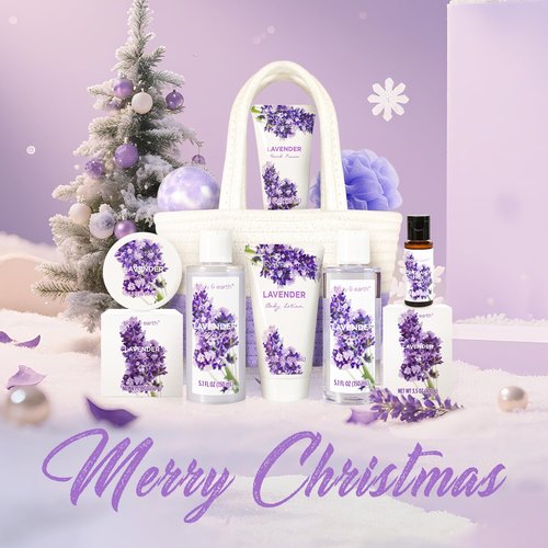 BODY & EARTH Spa Gift Baskets for Women 11pcs Lavender Gift Sets with Bubble Bath, Shower Gel, Body Lotion, Mom Birthday Gifts, Spa Kit, Purple Gift, Valentines Galentines Day Gifts for Her