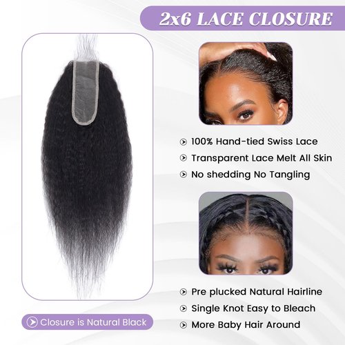 DSEKCAIN Kinky Straight Lace Closure 2x6 HD Lace Closure Yaki Straight Human Hair Transparent Middle Part Long Parting 100% Real Human Hair Natural Black Color 14 Inch