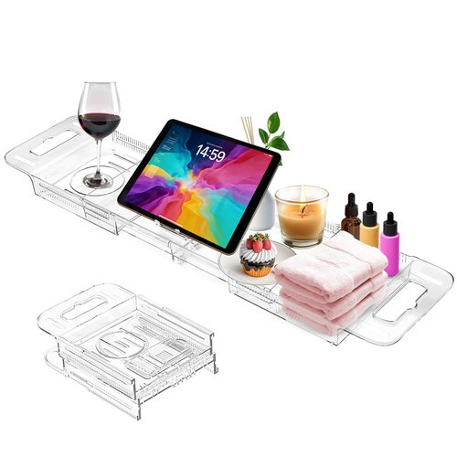 Expandable Bathtub Tray Caddy, Clear Bath Tray for Tub for Bath Relaxing, Foldable Bath Table Trays, Bathtub & Bathroom Accessories for Women Gift, Anniversary or Wedding Gifts, New Home