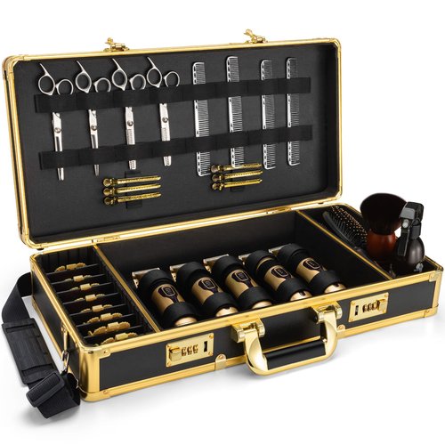 Noverlife Upgraded Large Barber Travel Briefcase, 22x11x5in Portable Barber Carrying Suitcase Salon Case with Code Lock, Gold Barbershop Travel Case Hairdresser Tool Storage Organizer Box for Clipper