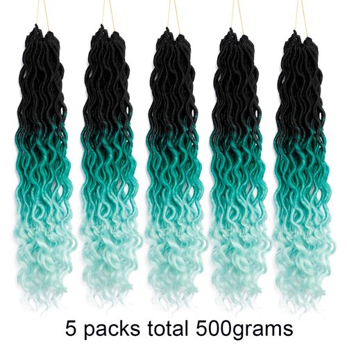 Ouyafei 5Pack Wavy Faux Locs Braids Crochet Hair 20inch Ombre Green Braiding Hair Goddess Locs with Curly Ends Synthetic Twist Crochet Hair Extensions (1B/Green/Light Green#,500g/Lot)