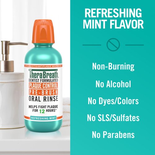 TheraBreath Plaque Control Pre-Brush Oral Rinse, Refreshing Mint Flavor, Antigingivitis and Antiplaque Rinse, Dentist Formulated, Alcohol Free, 16 Fl Oz (Pack of 2)