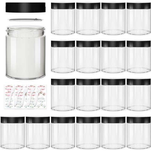 Keketin 8 oz Clear Glass Jars, 16 Pack Empty Cosmetic Jars with Black Lids, Multipurpose Glass Containers for Creams, Lotions, Makeup, Slime Making
