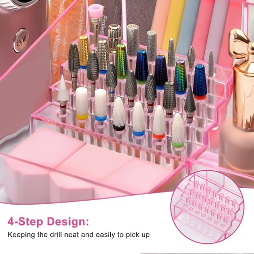 ANRUI Nail Drill Holder, 28 Holes Acrylic Nail Drill Bit Holder, Professional Nail Drill Desk Organizer Case and Storage Box for Manicure Tools - Pink (Not included Tools)