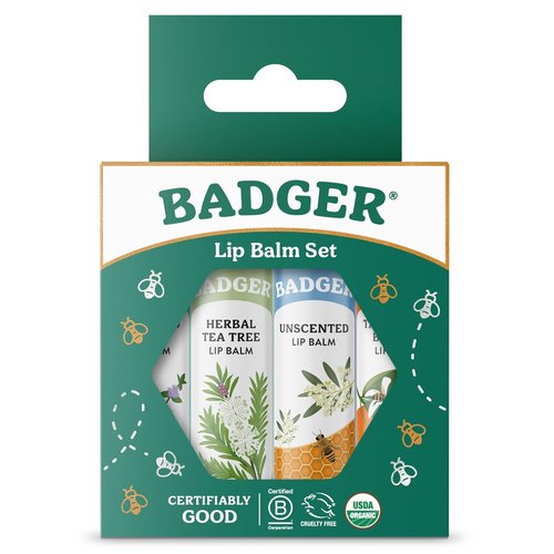 Badger Classic Organic Lip Balm Set - All-Natural Moisturizers | 4-Pack Variety (Unscented, Tea Tree, Mint & Tangerine)