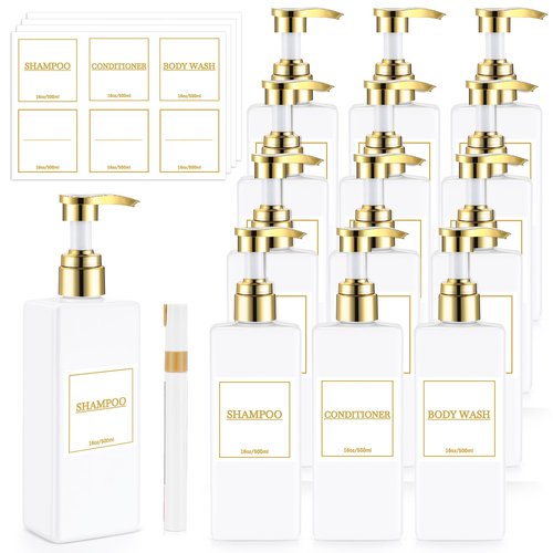 Gejoy 12 Pack White Shampoo and Conditioner Dispenser Bottles, 17 Oz/ 500ml Empty Refillable Pump Bottles with Labels and Marker Pen, Square Plastic Pump Dispenser Bottle for Bathroom Body Wash Shower