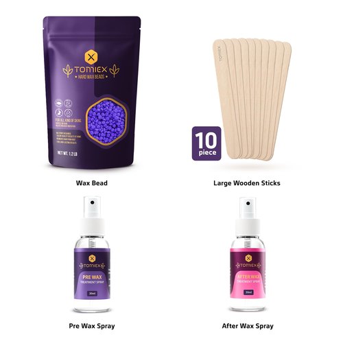 TOMIEX Wax Beads 19.2oz (1.2lb) – Hair Removal Kit with Pre & Post Wax Spray + 10 Spatulas – No Strip Needed – Gentle Formula for Sensitive Skin – For Face, Legs, Brazilian, Bikini & Body