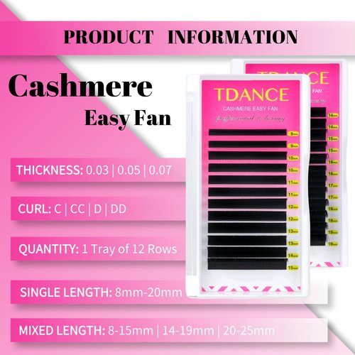 TDANCE Cashmere Easy Fan Lash Extensions Self Fanning Volume Lash Extension D Curl 0.07mm 8-15mm Matte Black Mega Volume Eyelash Extensions(0.07-D,8-15mm)