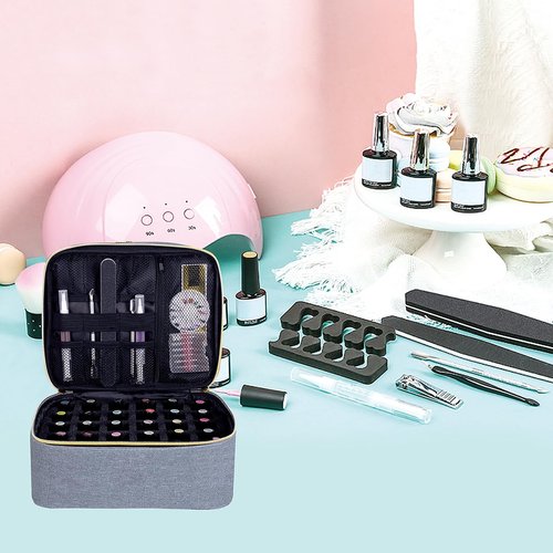 UOZL Nail Polish Organizer, Handheld Double Layer Organizer Holds 30 Bottles (15 ml/0.5 floz) with Adjustable Dividers for Nail Polish Small Manicure Lamp Manicure Tools Essential and Travel,Gray Gold