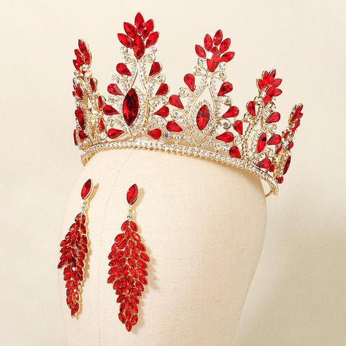HEWEICSY Red Tiaras and Crowns for Women,Wedding Tiara for Bride,Rhinestone Queen Crown,Crystal Costume Hair Accessories for Birthday Prom