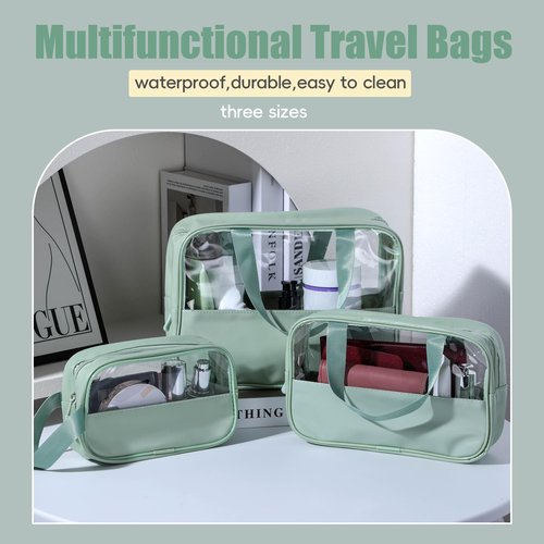 NVTED 3PCS Clear Hanging Travel Toiletry Bag, Cosmetic Bags Set Waterproof Transparent PVC Travel Makeup Pouch Carry on Travel Organizer Bag (Green)