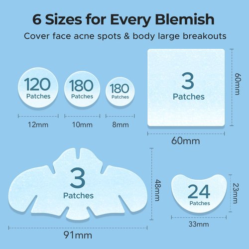 TKTK Pimple Patches for Face, 6 Sizes Hydrocolloid Acne Patch Variety, Large Acne Stickers for Cheeks, Forehead, Chin, Nose, Back Blemishes Zit Breakouts (4 Shapes 510 Count)