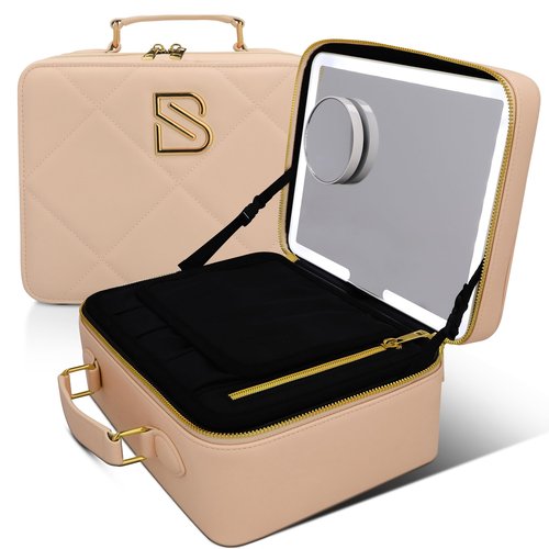 BAREZ Premium PU Leather Makeup Bag With LED Mirror - 3 Brightness Mirror Light Settings - Adjustable Dividers - Removable Mirror Waterproof Cosmetic Travel Bag - A Luxury Gift for Her (Nude)