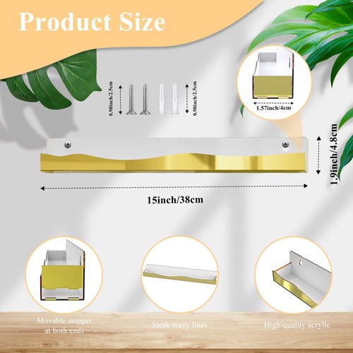 6 Pack Wall Mounted Acrylic Nail Polish Organizer Rack 15 Inch Gold Mirror Nail Polish Shelf with Removable Ends Multi-Purpose Shelf for Essential Oils Cosmetics Storage Display for Salon Bathroom