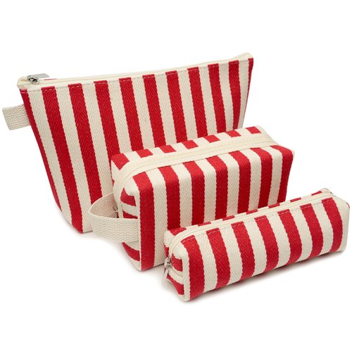 Beayuva 3 Pcs Makeup Bag Set Striped Canvas Purse Cosmetic Bag For Women Travel Toiletry Pouch Organizer pencil case (Red-White)
