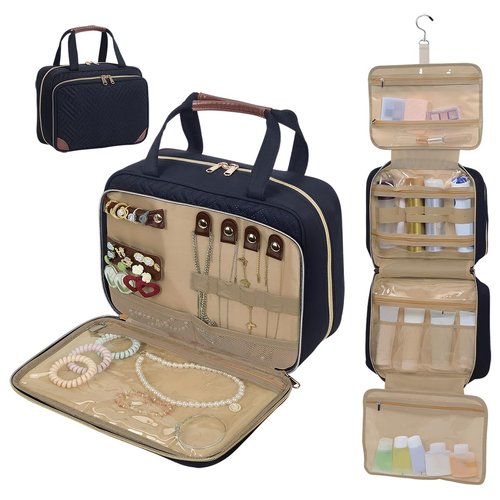 LANDFOBO Toiletry Bag for Women, Hanging Travel Toiletry Bag with Jewelry Organizer Compartment Large Makeup Bag, Cosmetic for Travel Business Trips Camping Bathroom Black