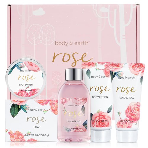 BODY & EARTH Spa Gift Set for Women - Luxurious 5 Pcs Bath and Body Spa Gift Box, Rose Scent, Includes Body Wash, Body Butter, Body Lotion and More, Birthday Valentines Galentines Day Gifts for Her