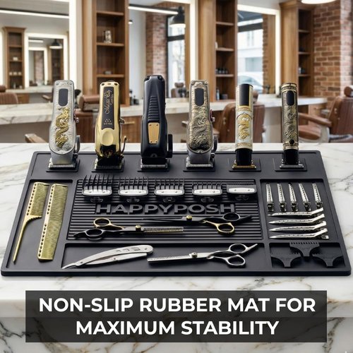 HAPPYPOSH Magnetic Barber Mat for Clippers, Large Professional Barber Station Mat with 6 Strong Magnets, Non-Slip Rubber Barber Tool Organizer for Salon Stations, 20" x 14" Black