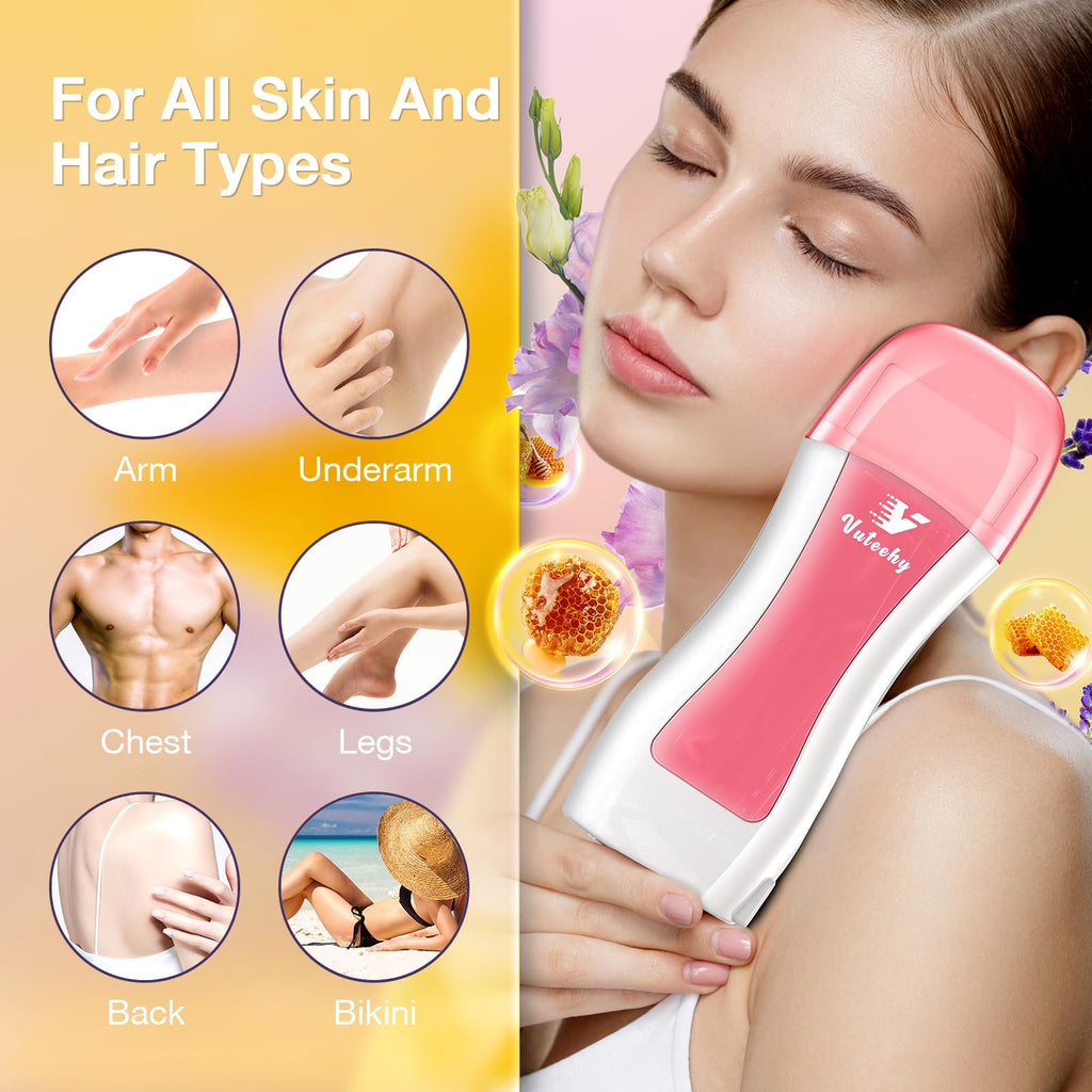 Vuteehy Roll on Wax Kit, Rolling Wax Hair Removal Kit for Women Men, Waxing Kit for Hair Removal, Roller Waxing Kit with 2 Honey Cartridges, 50 Pcs Strips