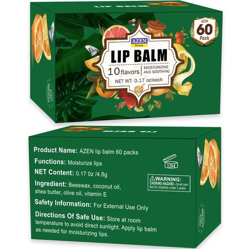 AZEN 60 Pack Lip Balm, Natural Lip Balm Bulk, Lip Care Product, Moisturizing Lip Balms for dry cracked lips, Valentines Gifts Easter Basket Stuffers - 10 Flavors