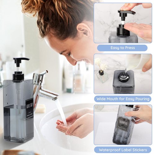 Segbeauty 33.8oz Shampoo and Conditioner Dispenser with Labels, 4pcs Refillable Plastic Empty Body Lotion Soap Dispenser Hand Liquid Container for Bathroom, 1000ml Gray Large Pump Bottle for Kitchen