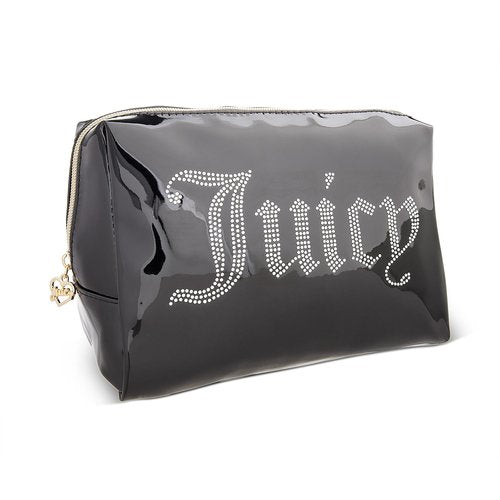 Juicy Couture Black Makeup Bag Cosmetics Organizer Travel Essentials Zip Top Wedge Shiny Patent Rhinestones