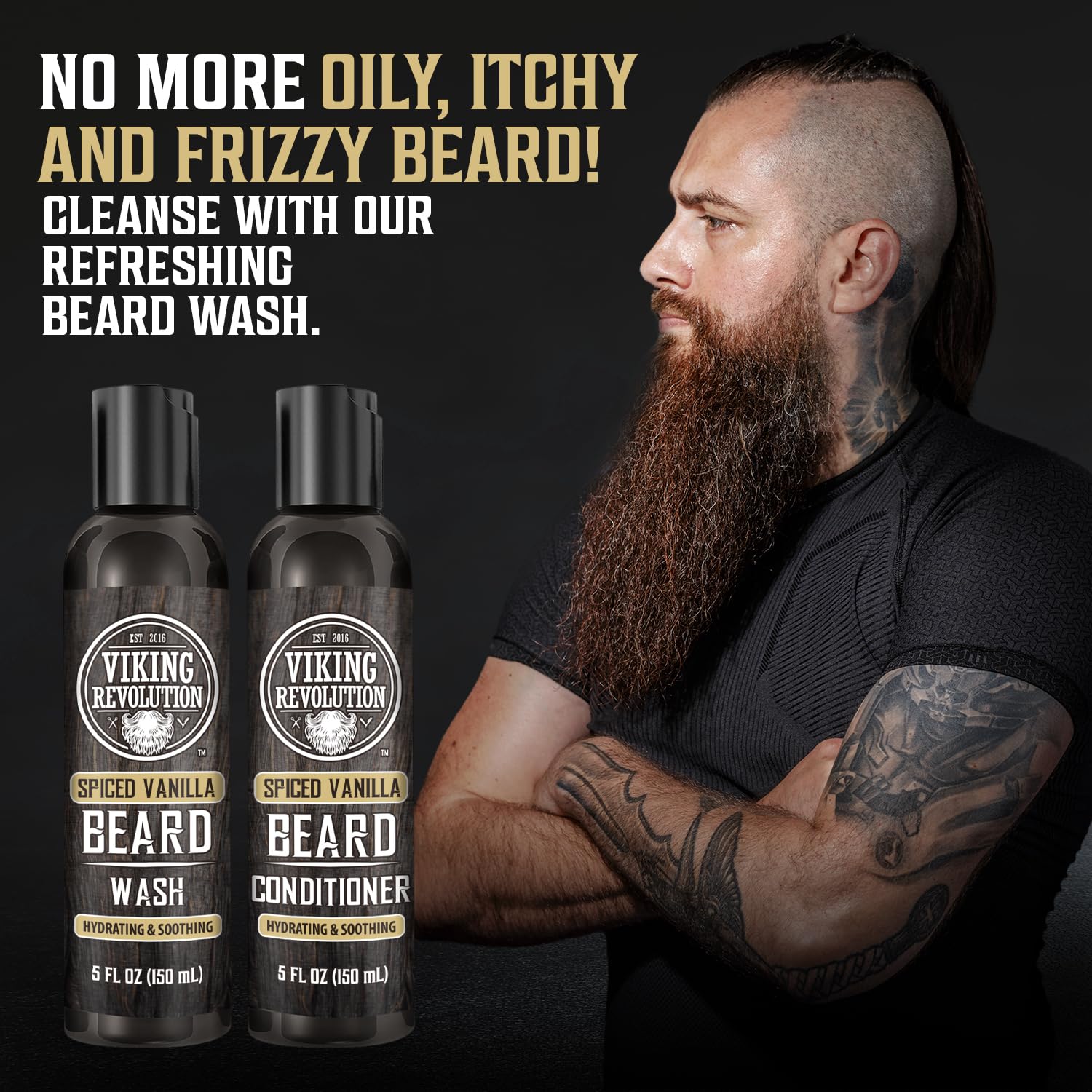 Viking Revolution Beard Wash and Beard Conditioner for Men with Argan Oil and Jojoba Oil - Beard Softener and Strengthener Beard Care Beard Shampoo and Conditioner with Beard Oil (5oz, Spiced Vanilla)
