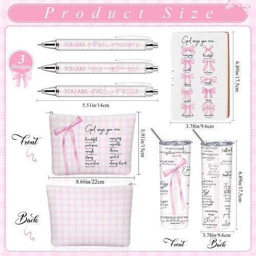 Patelai 6 Pcs Pink Bow Christian Gift for Women Coquette Makeup Bag Christian Tumbler Bible Coquette Gifts for Girls Religious Pink Bow Notebook Ballpoint Pen for Daughter Sister Church School