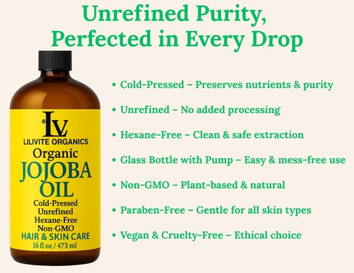 Organic Jojoba Oil – 100% Pure, Cold-Pressed, Unrefined – Jojoba Oil for Hair, Skin, Face, Body, Beard, and Scalp – Natural Carrier Oil for Essential Oils – 16 fl oz Amber Glass Bottle with Pump