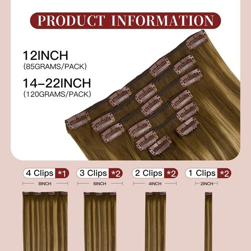 LOVELINE Clip in Hair Extensions Real Human Hair, 100% Remy Human Hair Extensions Clip Ins for Women, 7Pcs 12Inch 85g, Balayage Chocolate Brown to Caramel Blonde